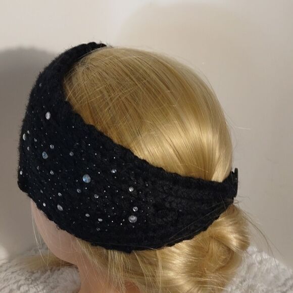 Black Knit Rhinestone Studded Ear Muff Headband - Picture 3 of 5